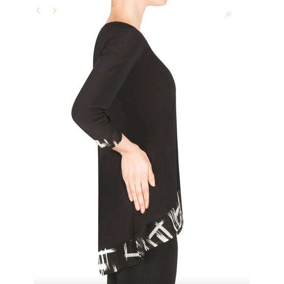 Joseph Ribkoff Macrame Black White 3/4 Sleeve High Lo Tunic Size 14 - Picture 3 of 9